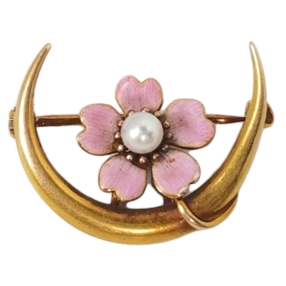 Antique 14k Gold Pin Brooch Pearl Enamel Moon Flower Krementz